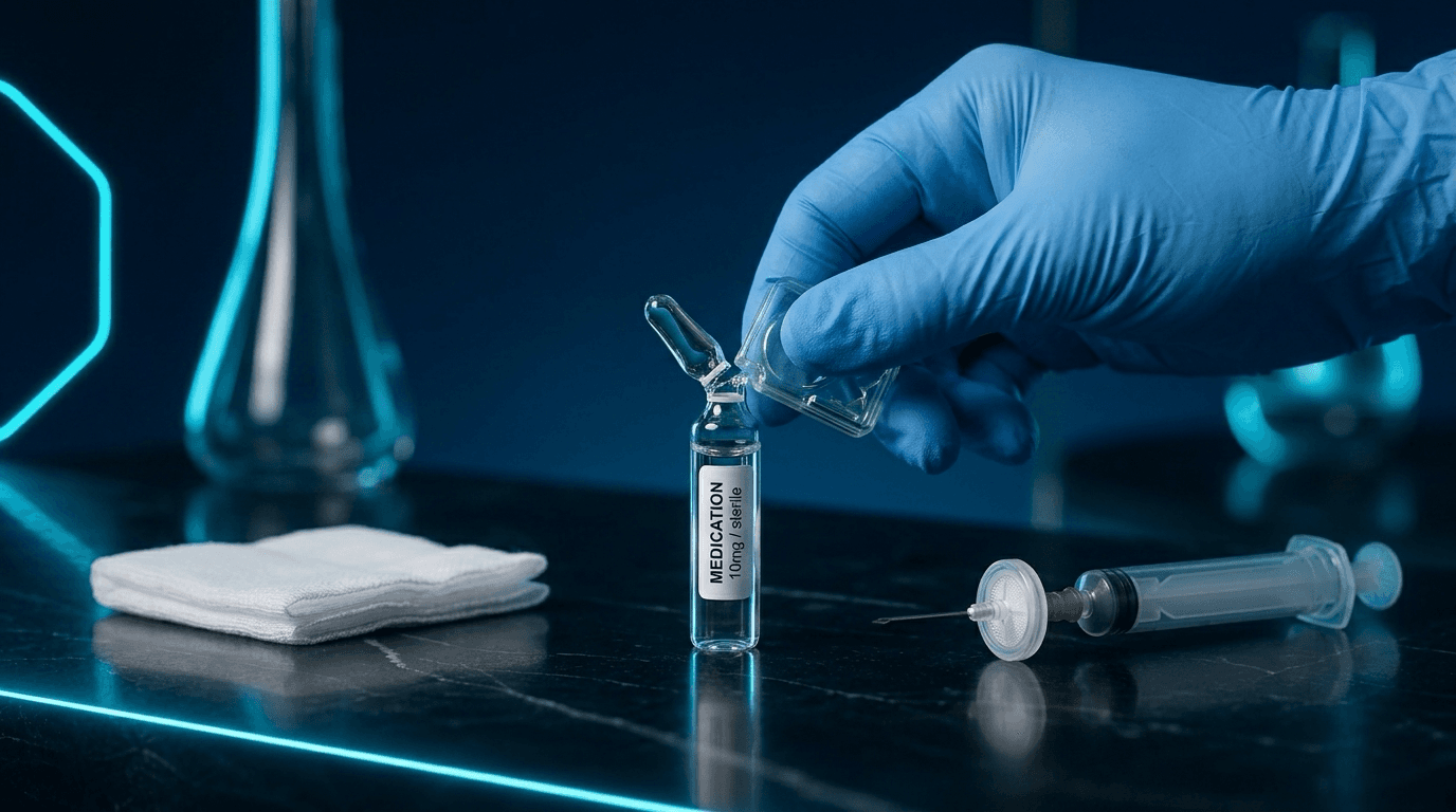 A gloved hand snapping open a sealed glass ampoule of ready-to-use solution next to a syringe