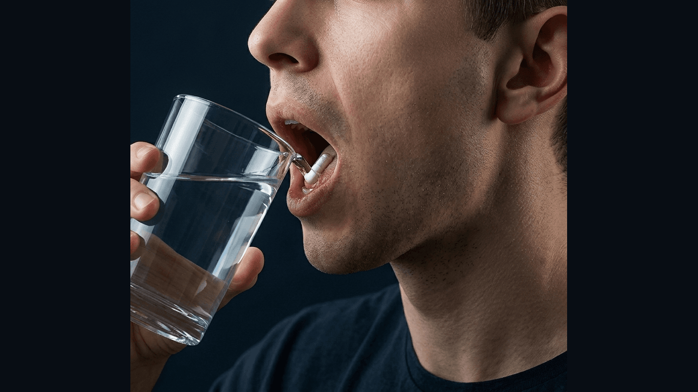 A person swallowing a peptide capsule with a full glass of water