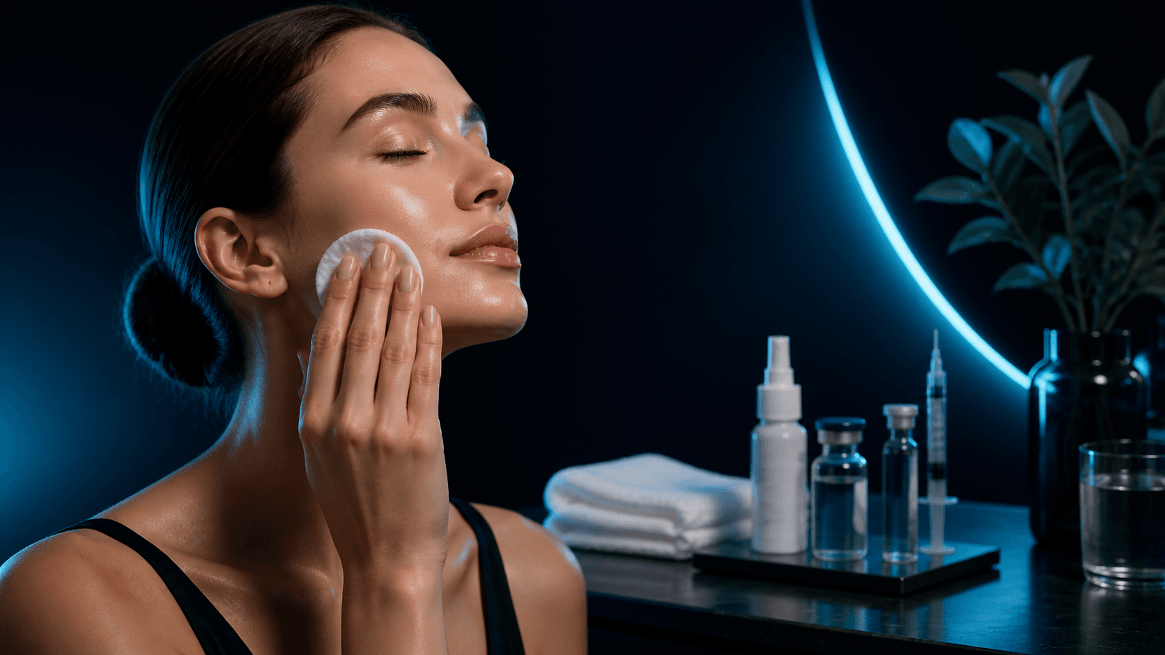 Person gently cleansing face and neck skin with a mild cleanser before peptide application