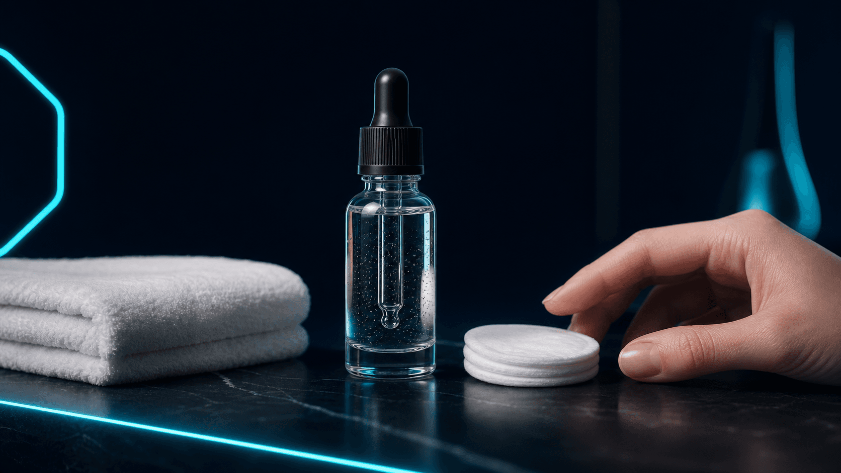 GHK-Cu serum dropper bottle, clean fingertips, cotton pad on a clean surface, no needles or syringes