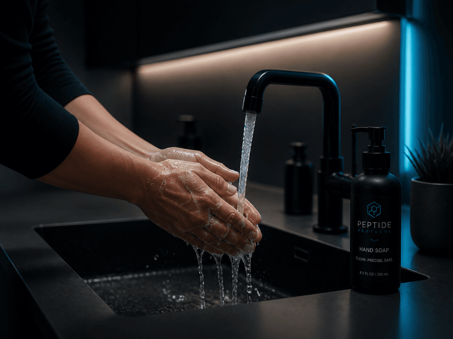 Hands being washed thoroughly under running water before handling supplies